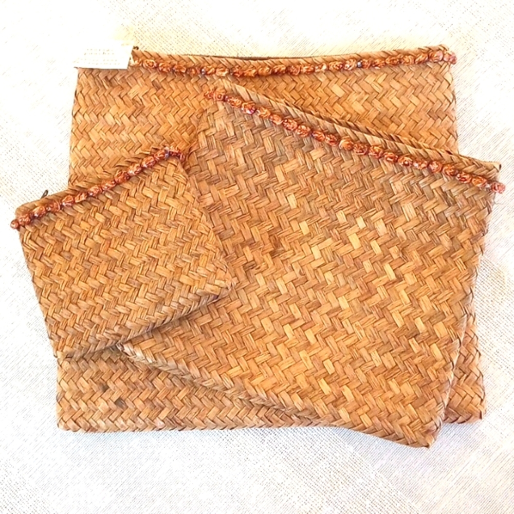 Pier 1 Imports 3-Nesting Zipper Top Wicker Storage Pouches NWT